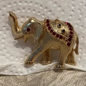 Vintage  1960s Handmade Gold-tone Elephant Pin with Rhinestones